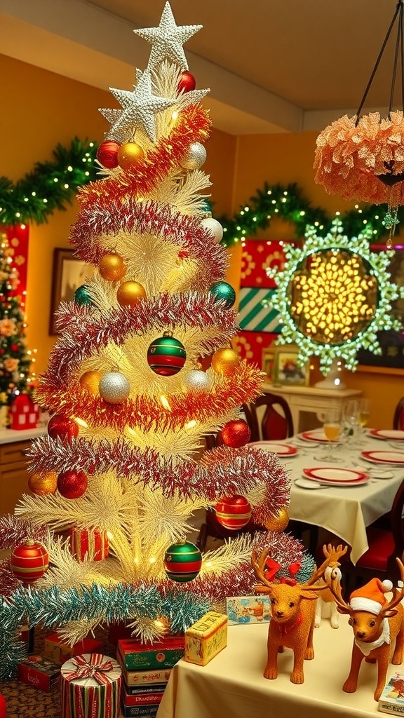 A vintage 1950s Christmas scene with an aluminum tree, shiny brite ornaments, and retro decorations.